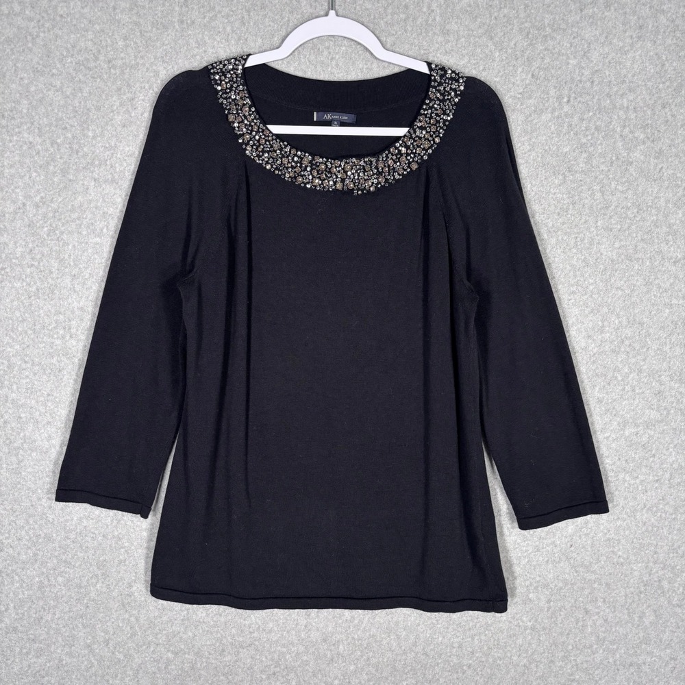 Anne Klein Embellished Sweater XL Black Beaded Sequin Neckline Silk Cotton Tunic